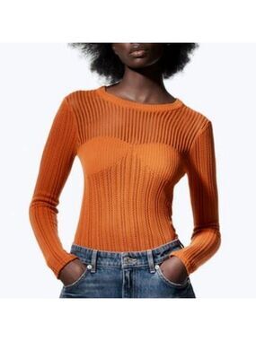 Zara nwt burnt orange mixed crochet open weave pullover sweater large